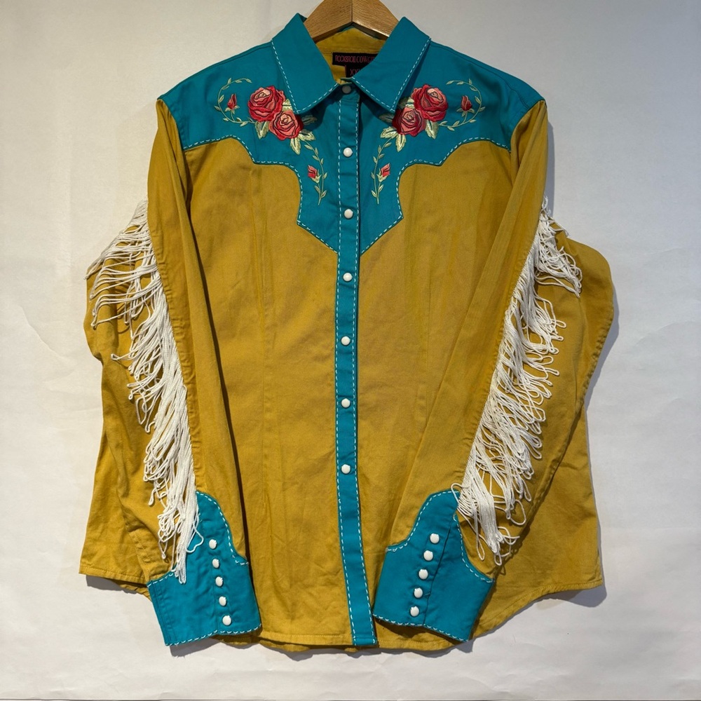 Rock&Roll Cowgirl Western Fringe Shirt with Embroidered Roses- snap buttons